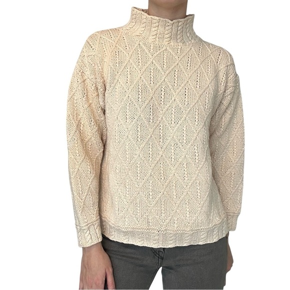Vintage Sweater Knit White Neutral Casual High Neck Cotton Fall Size Medium - Picture 1 of 5